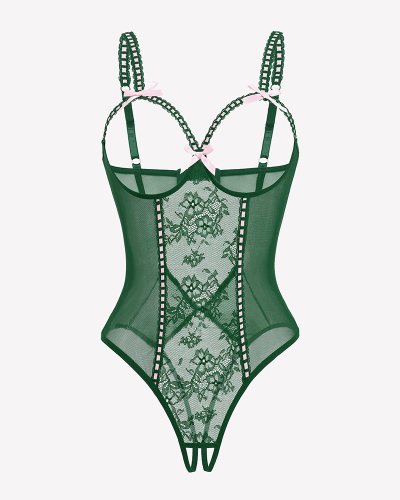 Crotchless lace mini teddy, green sheer mesh with lace panel and strappy underwire cups