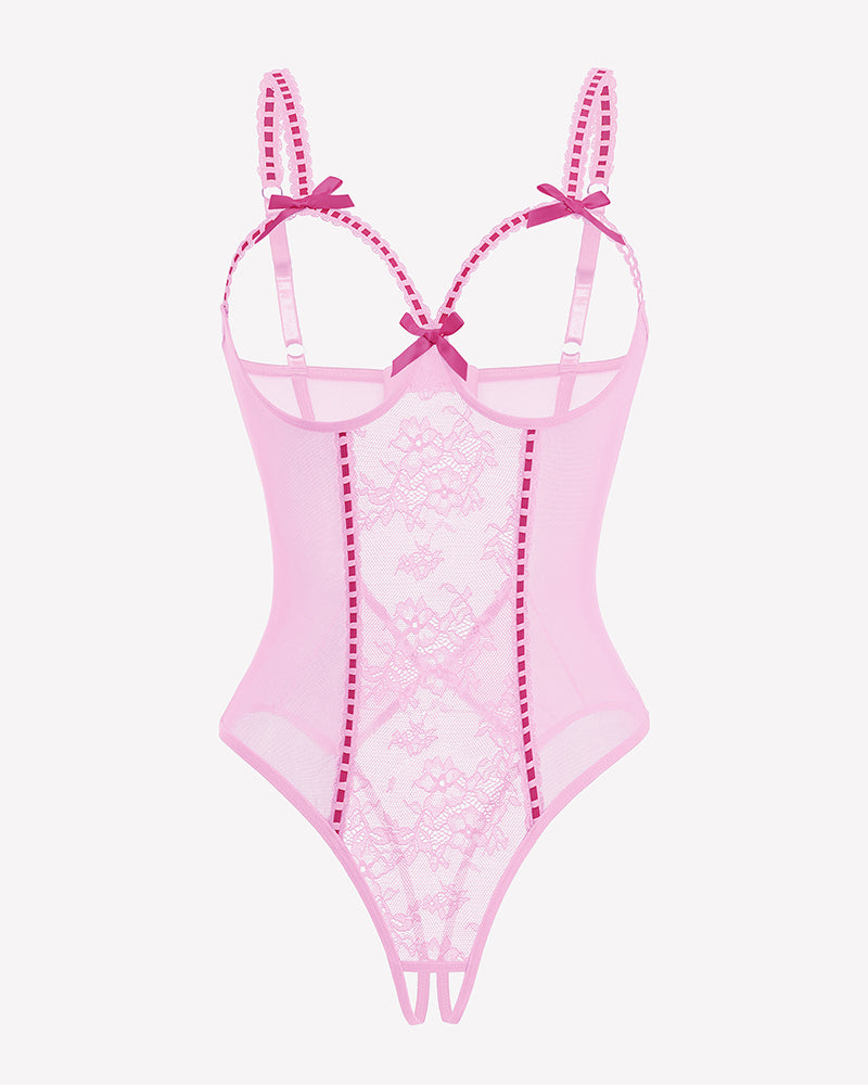 Crotchless lace mini teddy, pink sheer mesh with lace panel and strappy underwire cups