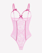 Crotchless lace mini teddy, pink sheer mesh with lace panel and strappy underwire cups