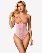Pink lace mini bodysuit with crotchless cutout and ribbon bow straps