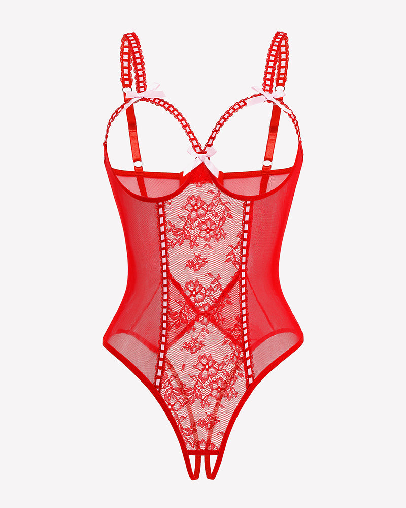 Crotchless lace mini teddy, red sheer mesh with lace panel and strappy underwire cups