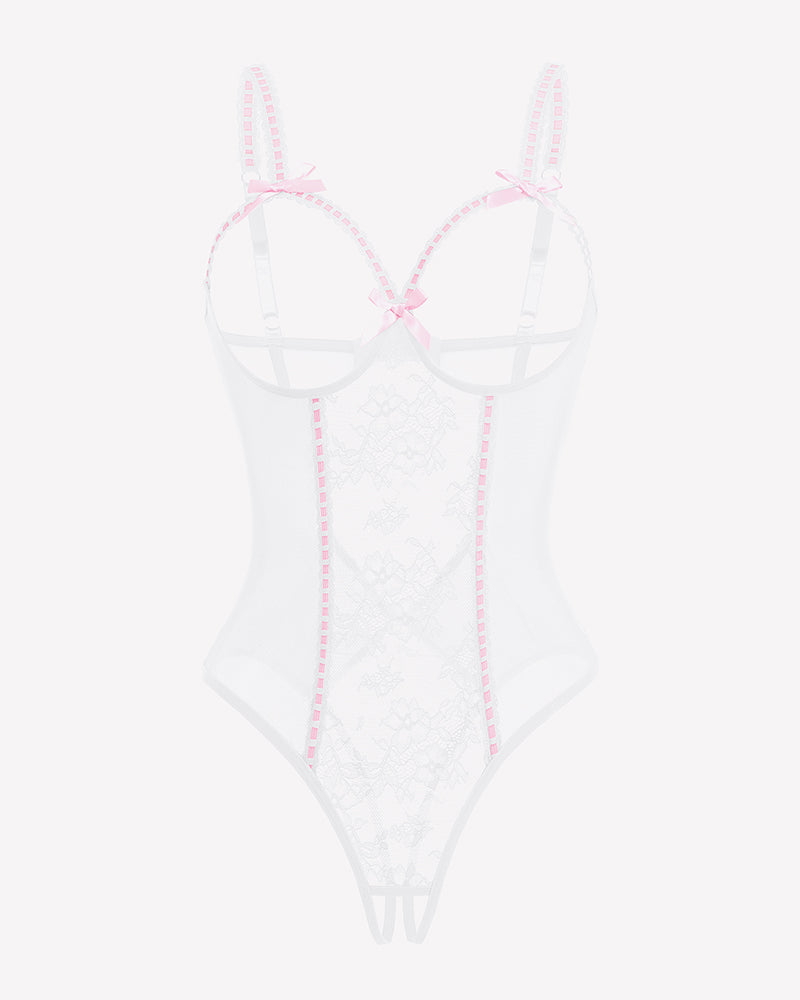 White sheer lace mini bodysuit with crotchless cutout and bow strap detailing