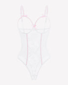 White sheer lace mini bodysuit with crotchless cutout and bow strap detailing