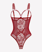Red lace mini bodysuit with crotchless cutout and bow-strap detailing