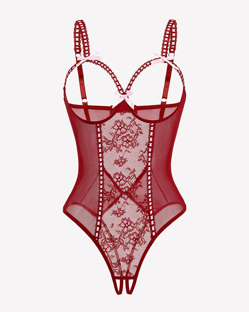 Red lace mini bodysuit with crotchless cutout and bow-strap detailing