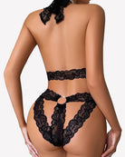 Black lace cupless teddy bodysuit with deep V back cut and scalloped edges