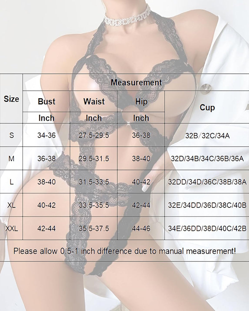 Light gray lace cupless teddy bodysuit with deep V back cut, size measurement chart overlay