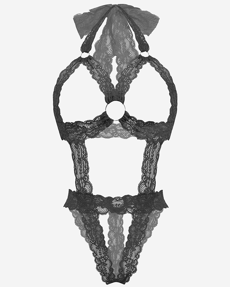 Black lace cupless deep V-neck teddy bodysuit with bow accents and scalloped trim