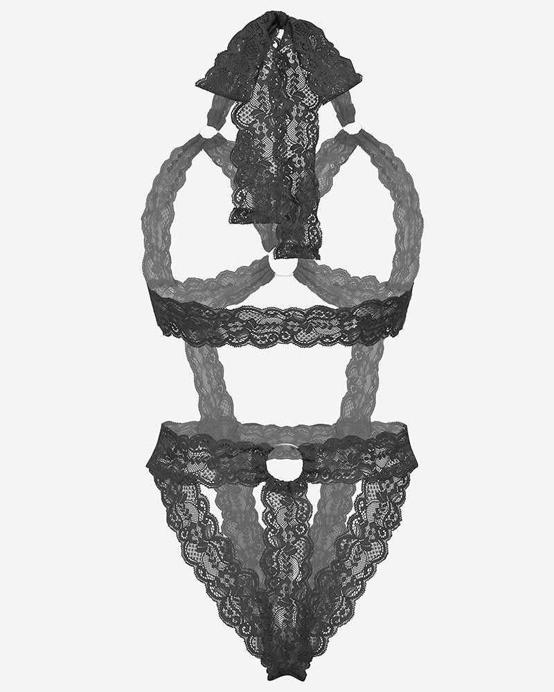 Black lace cupless bodysuit teddy with deep V front, scalloped trim, lace straps