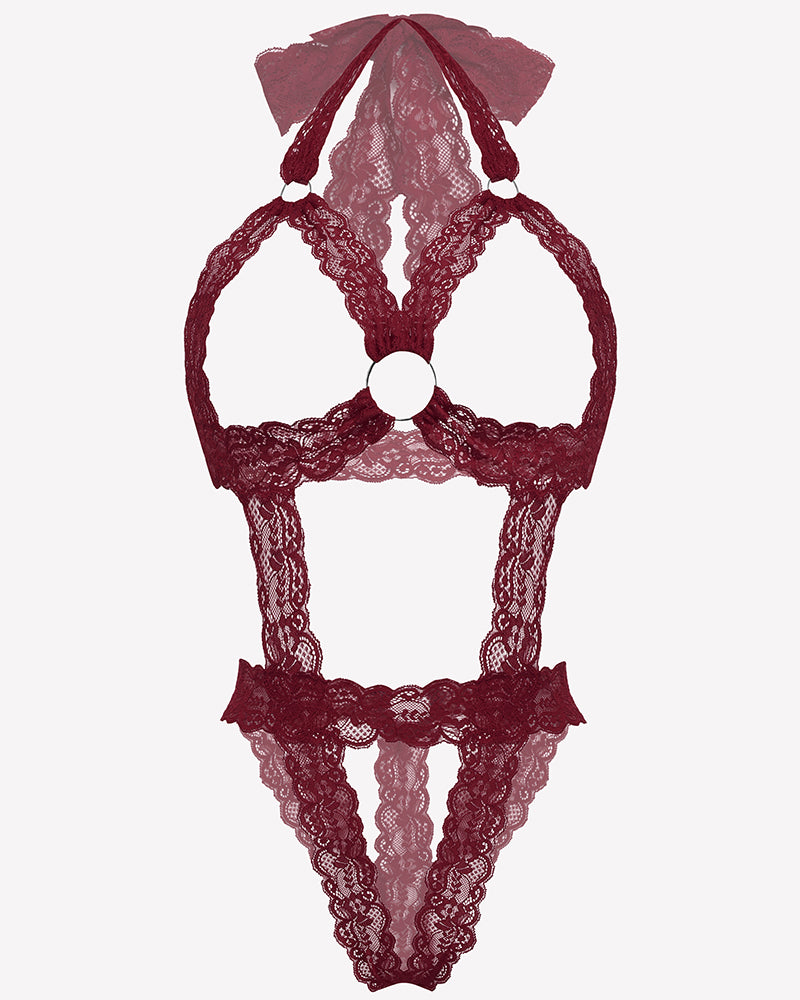Dark red lace cupless deep V-neck teddy bodysuit with bow accents and scalloped trim
