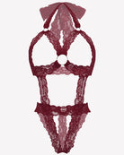 Dark red lace cupless deep V-neck teddy bodysuit with bow accents and scalloped trim