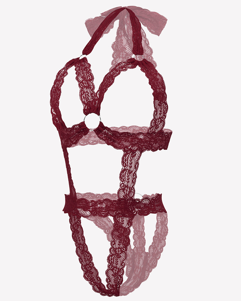 Dark red lace cupless bodysuit teddy with deep V design, scalloped edges, lace straps