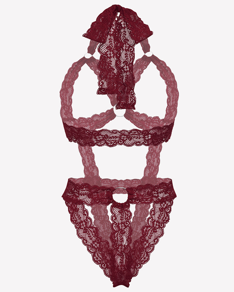 Dark red lace cupless bodysuit teddy with deep V front, scalloped lace trim, straps
