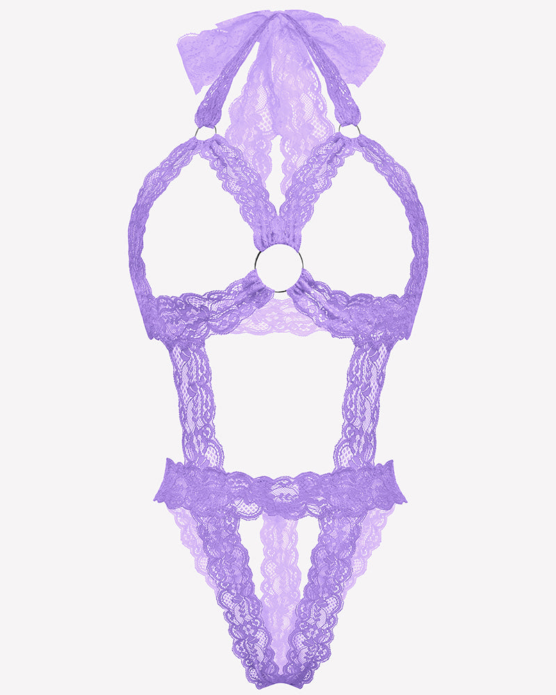 Light purple lace cupless deep V-neck teddy bodysuit with bow accents and scalloped trim