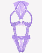 Light purple lace cupless deep V-neck teddy bodysuit with bow accents and scalloped trim