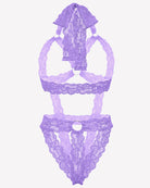 Light purple lace cupless bodysuit teddy with deep V front, lace straps and scalloped edges