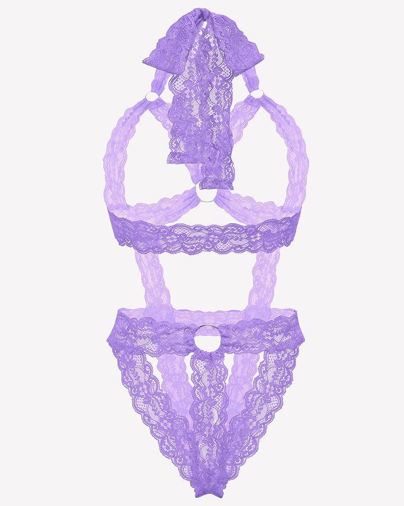 Light purple lace cupless bodysuit teddy with deep V front, lace straps and scalloped edges