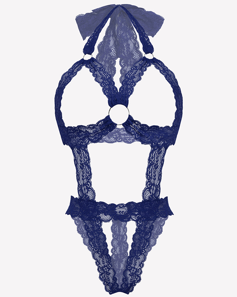 Navy blue lace cupless deep V-neck teddy bodysuit with bow accents and open back