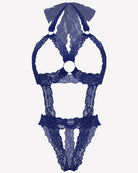 Navy blue lace cupless deep V-neck teddy bodysuit with bow accents and open back