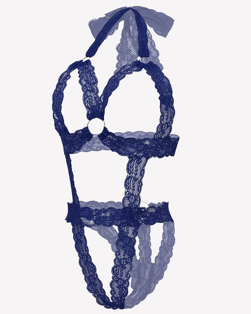 Navy lace cupless bodysuit teddy with deep V front, scalloped trim, lace straps
