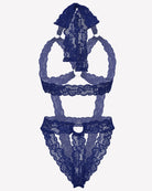 Navy lace cupless bodysuit teddy with deep V front, scalloped lace trim, lace straps