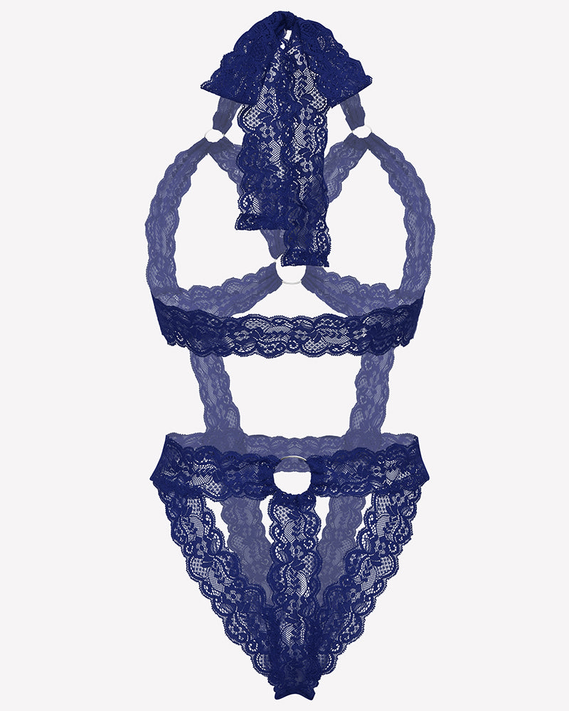 Navy lace cupless bodysuit teddy with deep V front, scalloped lace trim, lace straps