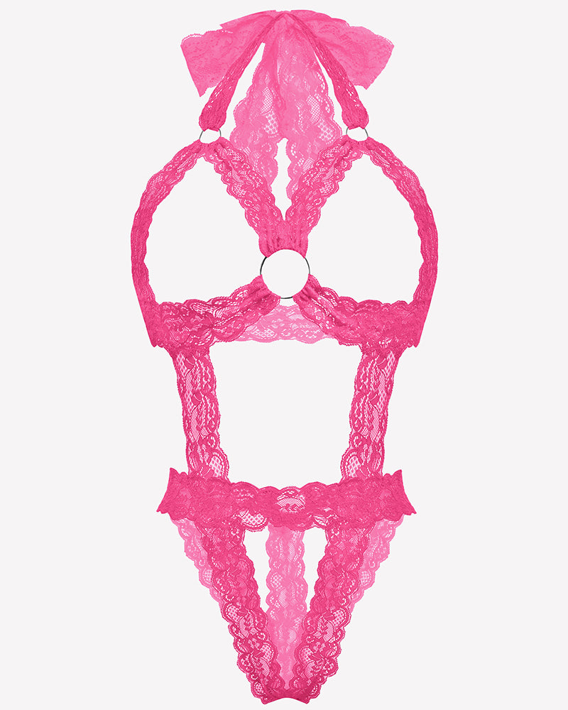 Pink lace cupless deep V-neck teddy bodysuit with bow accents and scalloped trim