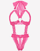 Pink lace cupless deep V-neck teddy bodysuit with bow accents and scalloped trim