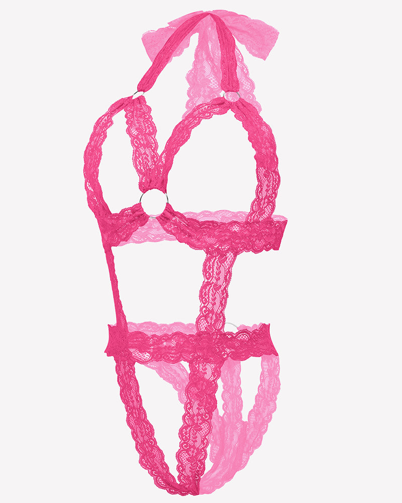 Pink lace cupless bodysuit teddy with deep V front, scalloped edges, lace straps