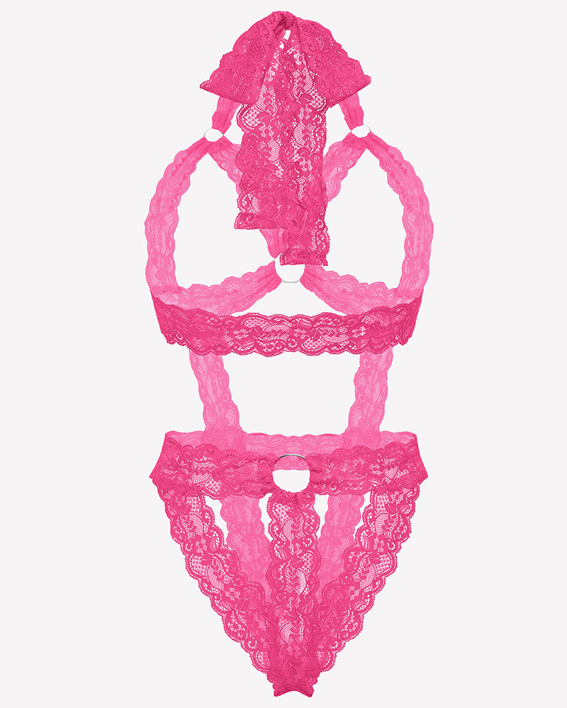 Pink lace cupless bodysuit teddy with deep V front, scalloped lace trim, lace straps