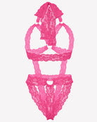 Pink lace cupless bodysuit teddy with deep V front, scalloped lace trim, lace straps