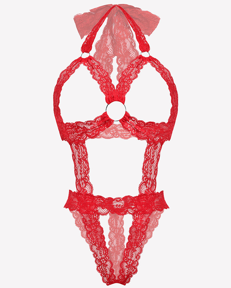 Red lace cupless deep V-neck teddy bodysuit with bow accents and scalloped trim
