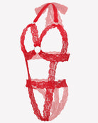 Red lace cupless bodysuit teddy with deep V front, scalloped edges, lace straps