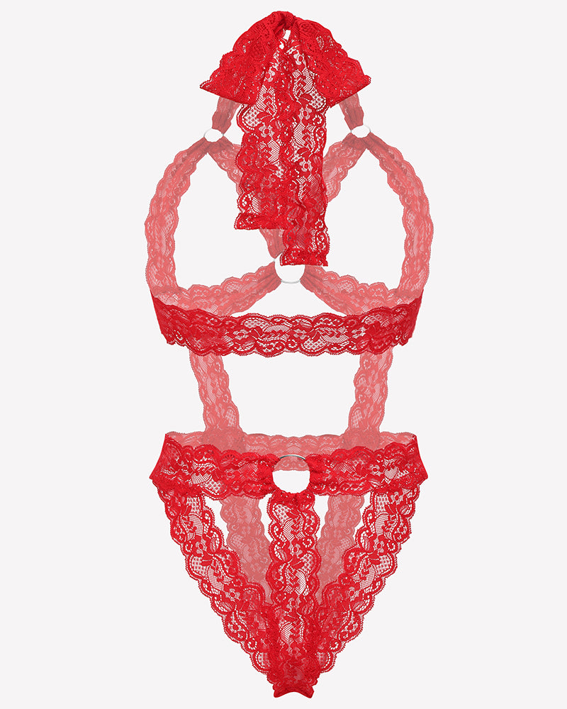 Red lace cupless bodysuit teddy with deep V front and scalloped trim