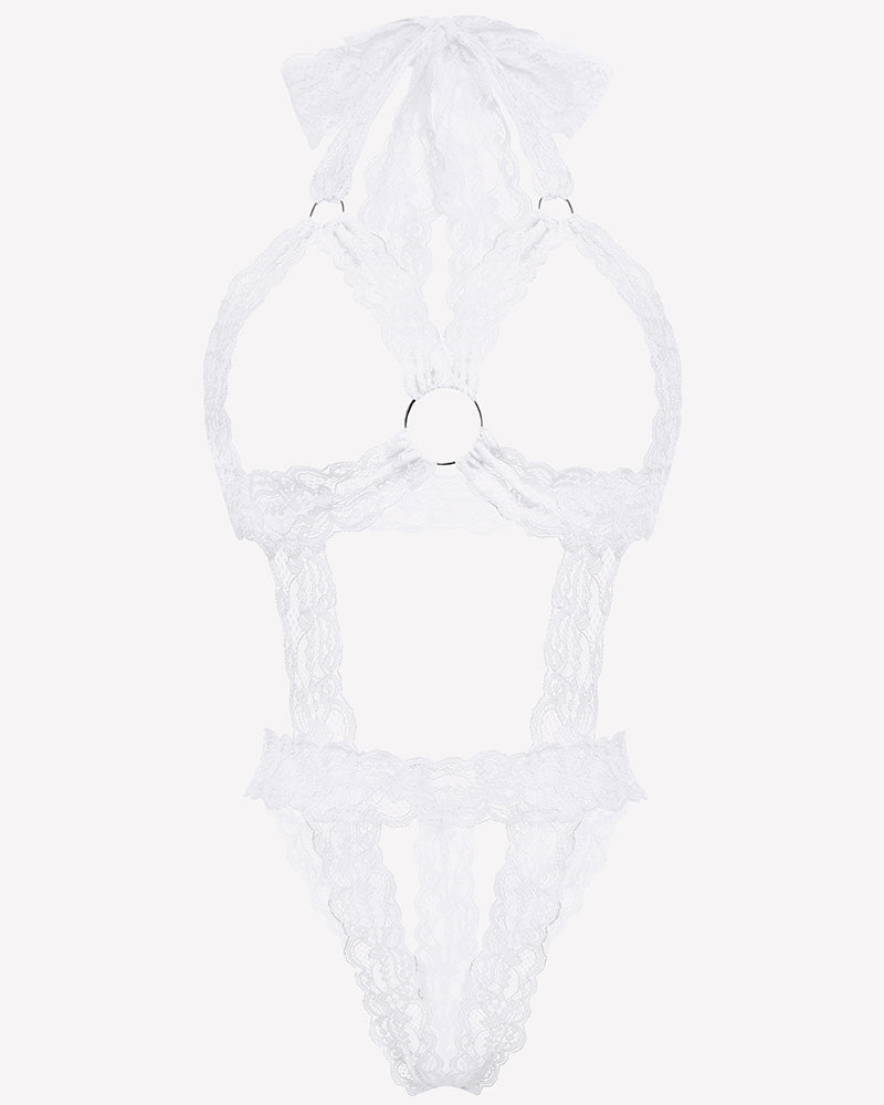 White lace cupless deep V-neck teddy bodysuit with bow accents and scalloped trim