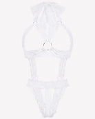 White lace cupless deep V-neck teddy bodysuit with bow accents and scalloped trim