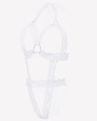 White lace cupless bodysuit teddy with deep V front and scalloped lace edges