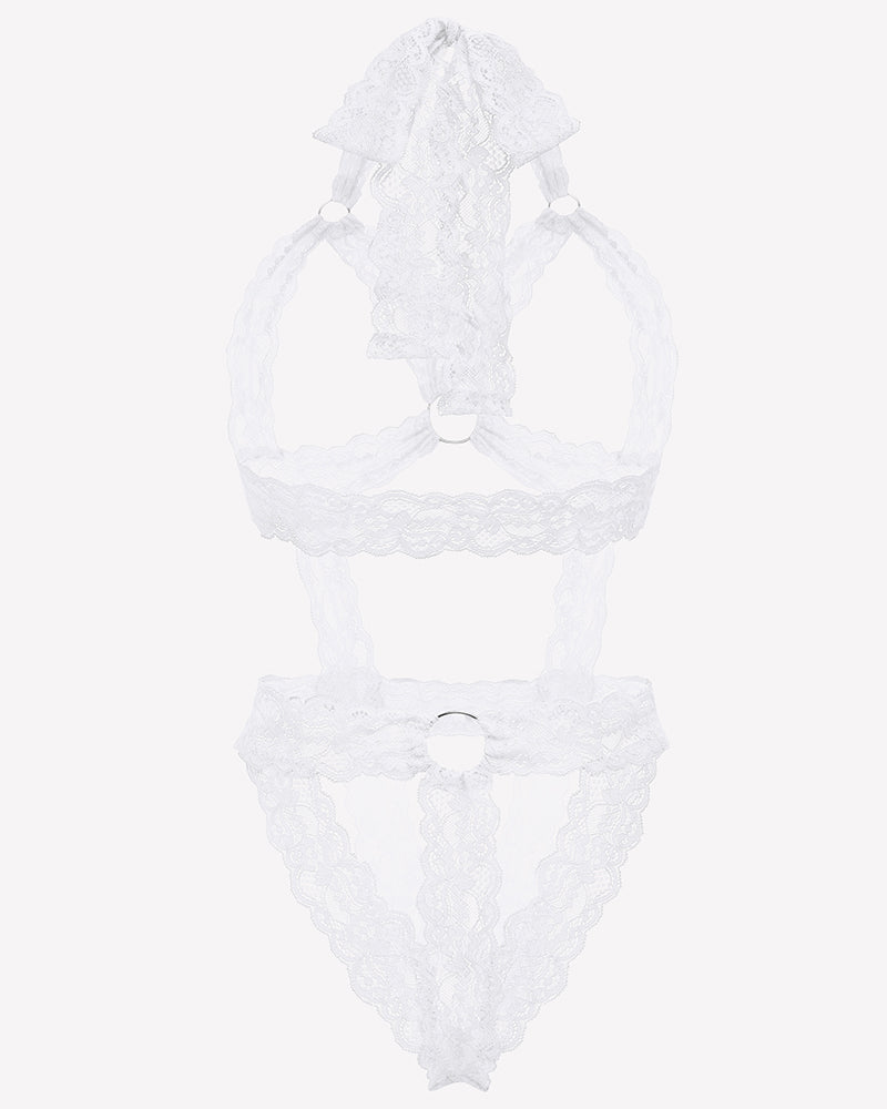 White lace cupless bodysuit teddy with wide lace straps and scalloped deep V