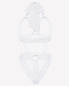 White lace cupless bodysuit teddy with wide lace straps and scalloped deep V