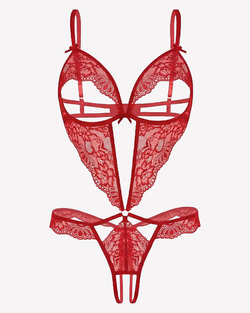 Red lace teddy bodysuit with deep V cups and thong-style bottom