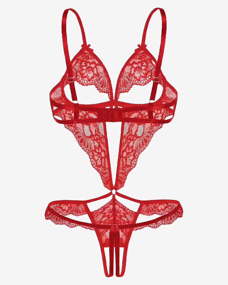 Red lace deep V teddy with underwire cups, strappy cross-front, and thong bottom