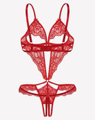 Red lace deep V teddy with underwire cups, strappy cross-front, and thong bottom