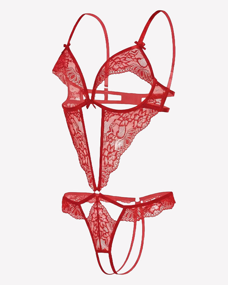 Red lace deep V teddy with underwire cups, lace side panels, and thong coverage