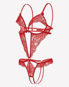 Red lace deep V teddy with underwire cups, lace side panels, and thong coverage