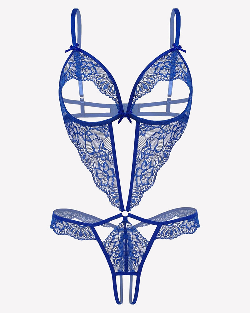 Blue lace deep V teddy with underwire cups, strappy corset-style center front, thong