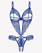 Blue lace deep V teddy with underwire cups, strappy corset-style center front, thong
