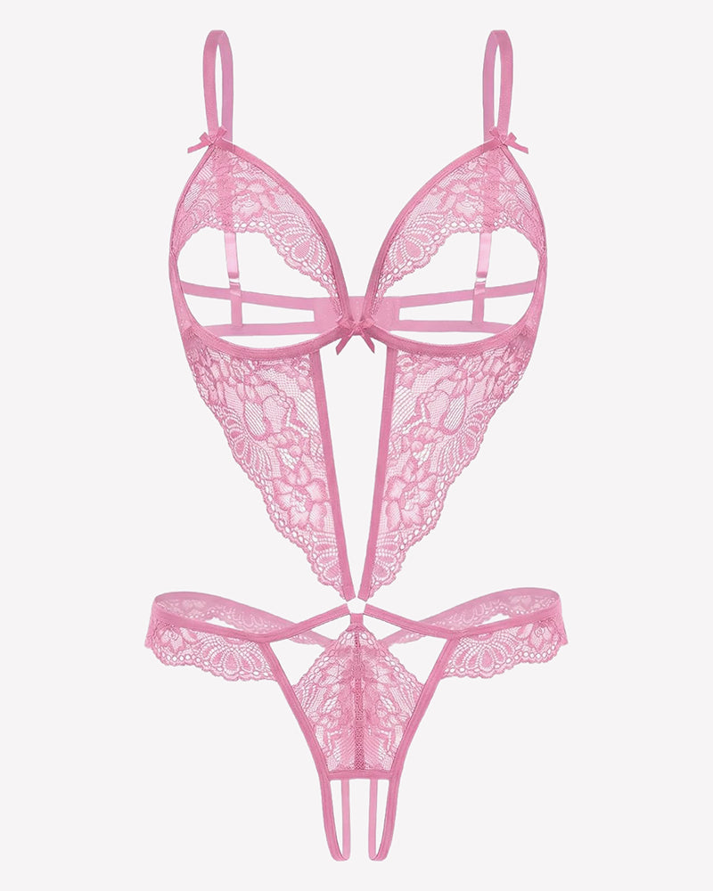 Pink lace teddy bodysuit with deep V cups and thong-style bottom