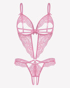 Pink lace teddy bodysuit with deep V cups and thong-style bottom