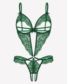 Green lace teddy bodysuit with deep V cups and thong-style bottom