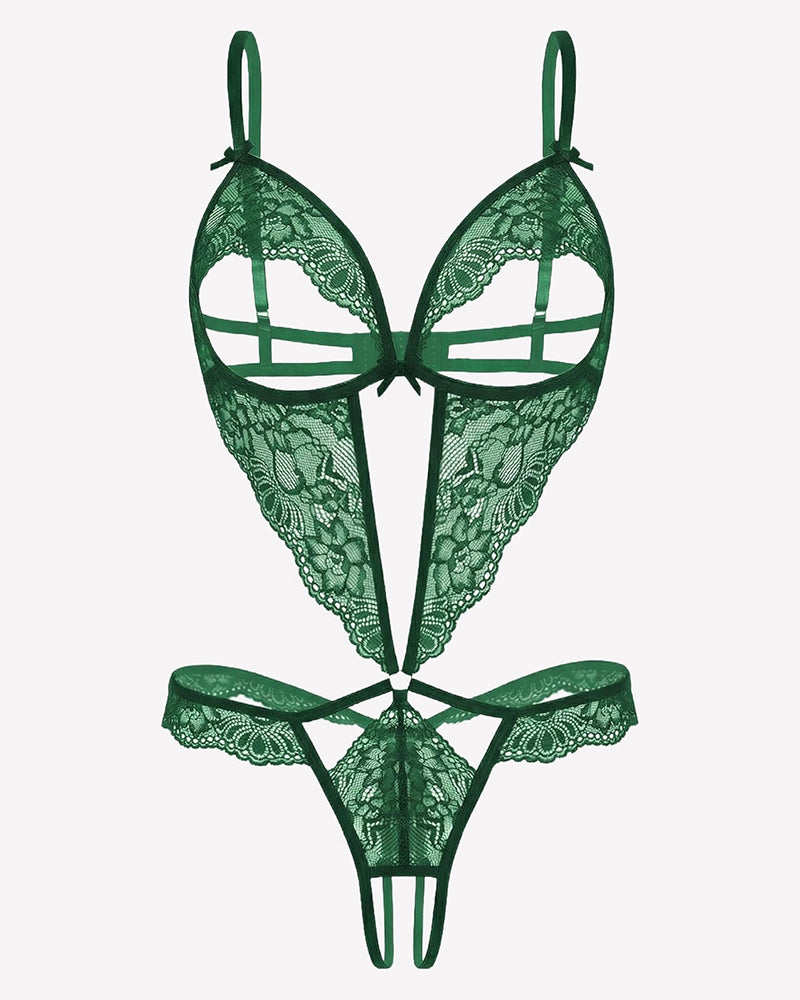 Green lace teddy bodysuit with deep V cups and thong-style bottom